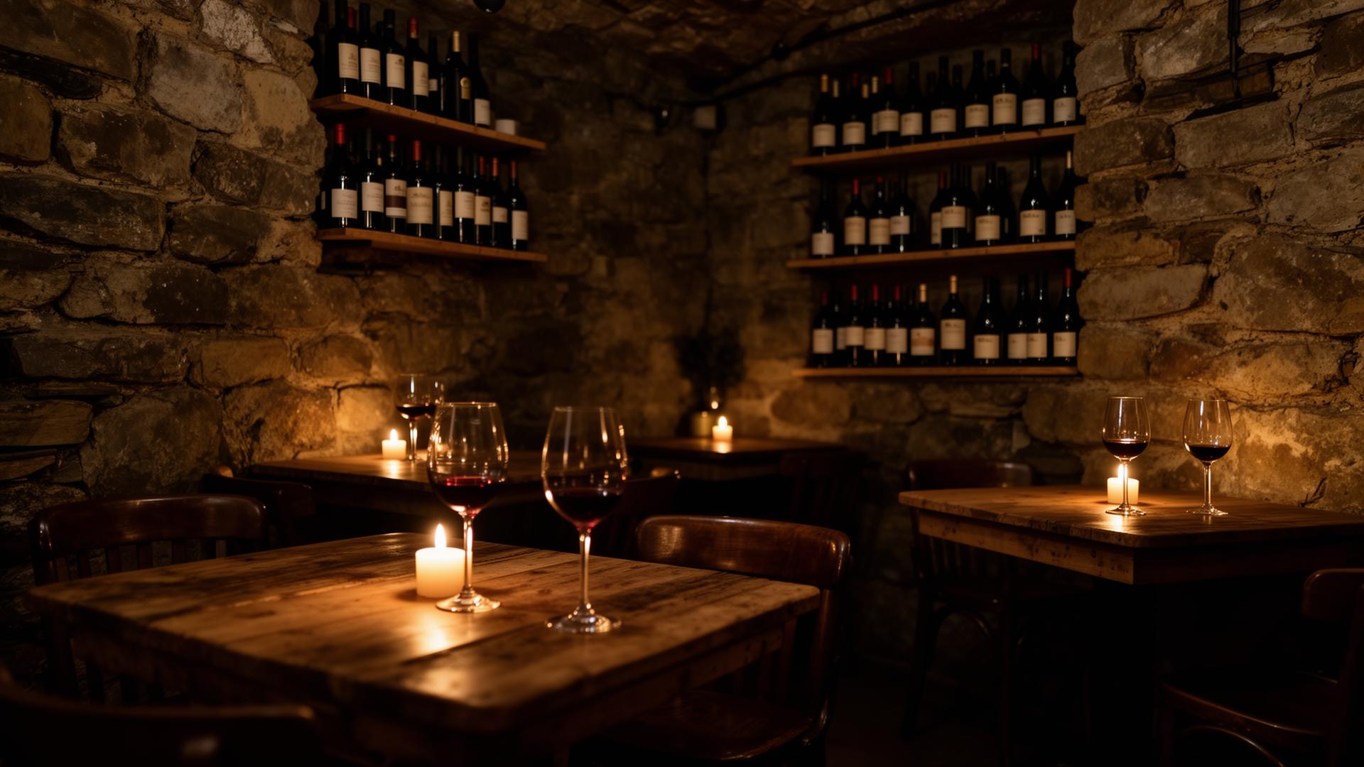 VIN 36 wine bar interior with candlelit tables and stone walls